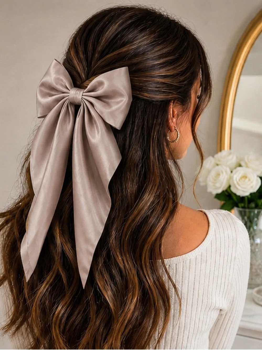 Neutral Taupe Satin Hair Bow Clip - Elegant Women’s Accessory